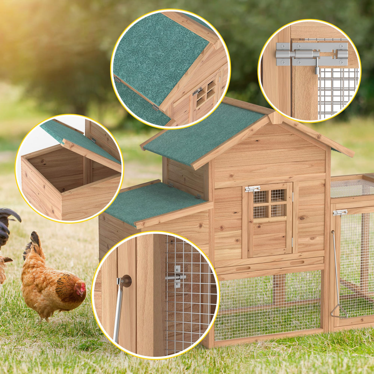 Outdoor Chicken Coop Wooden Hen House Poultry Pet Hutch Run Cage w/Waterproof Asphalt Roof, Ramp, Nesting Box, Wire Fence (120") GOJOOASIS
