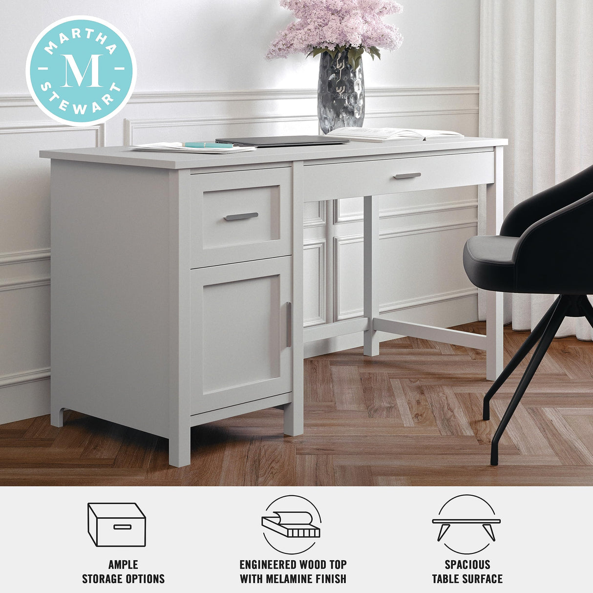 Martha Stewart Hutton Shaker Style Home Office Desk with Storage in Gray with Brushed Nickel Hardware Martha Stewart