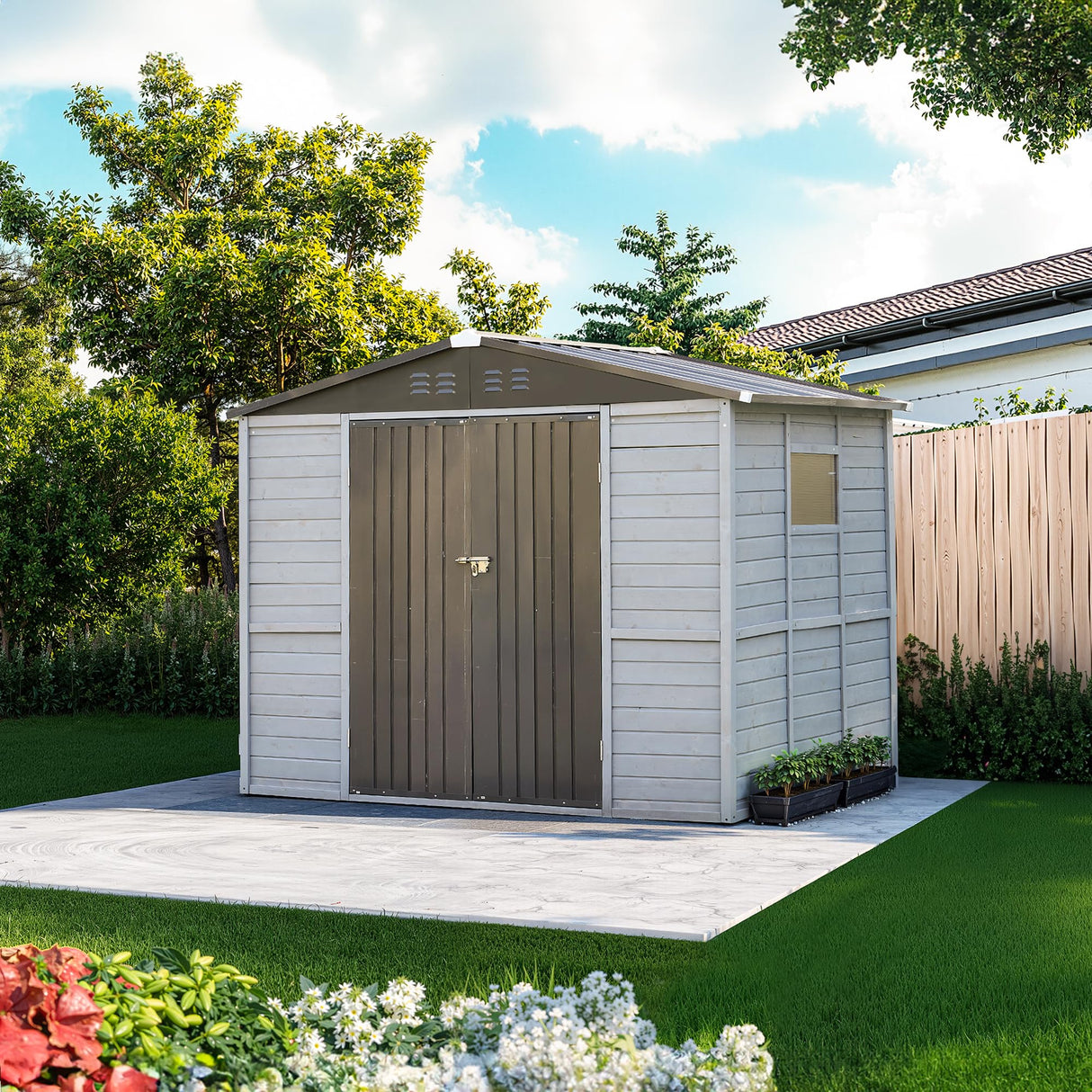 6x4 FT Outdoor Weatherproof Storage Shed, Secure Wood Bike Shed w/Lockable Entry, Garden Storage Solution for Lawn Equipment, Tools, Waste Bin(Gray) AEMSOFK