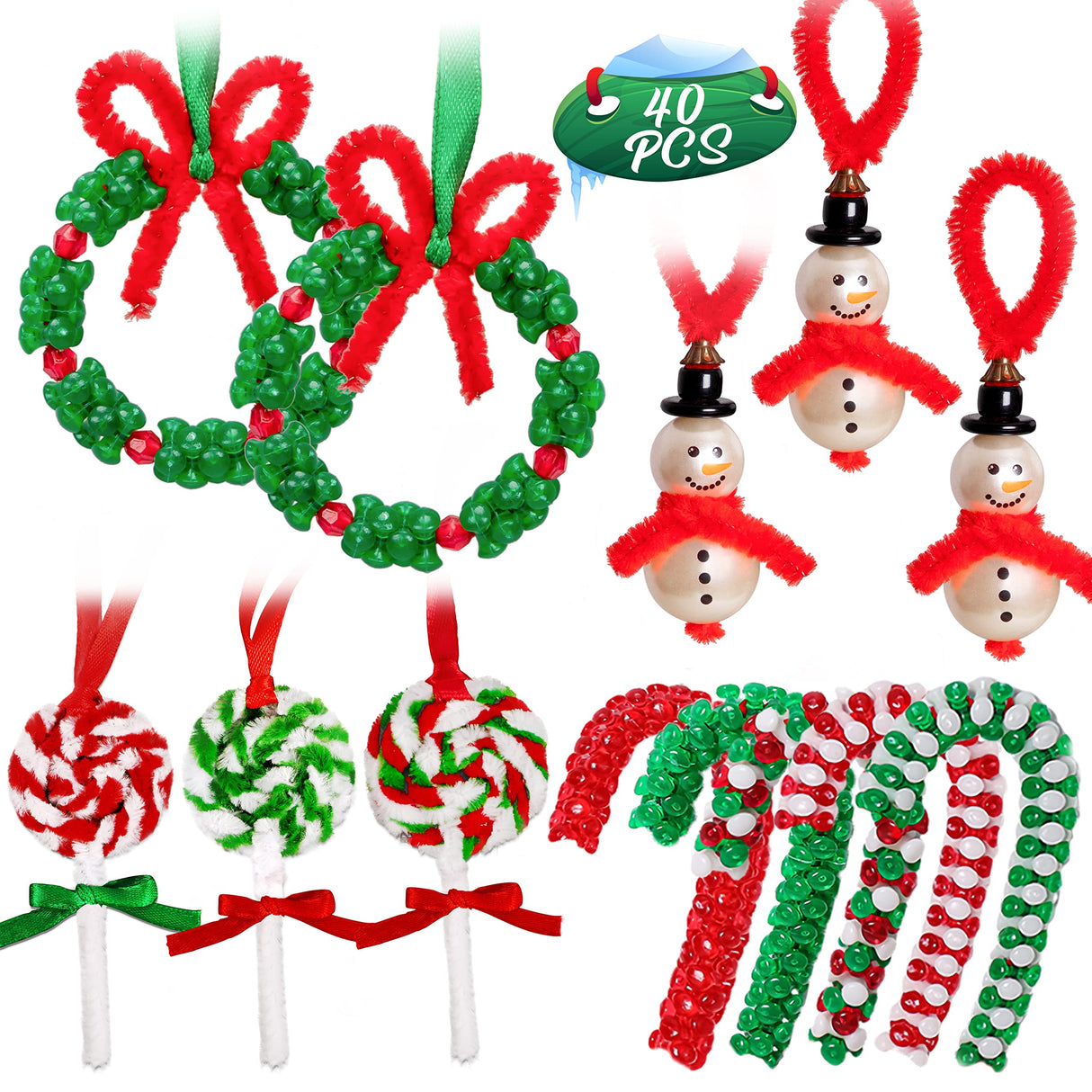 40PCS Christmas Crafts for Kids Beaded Ornament Kit - Including 10 PCS Snowman,12 PCS Wreath,8PCS Candy Cane,10PCS Lollipop, Xmas Holiday Party Tree Favor Decorations luck sea