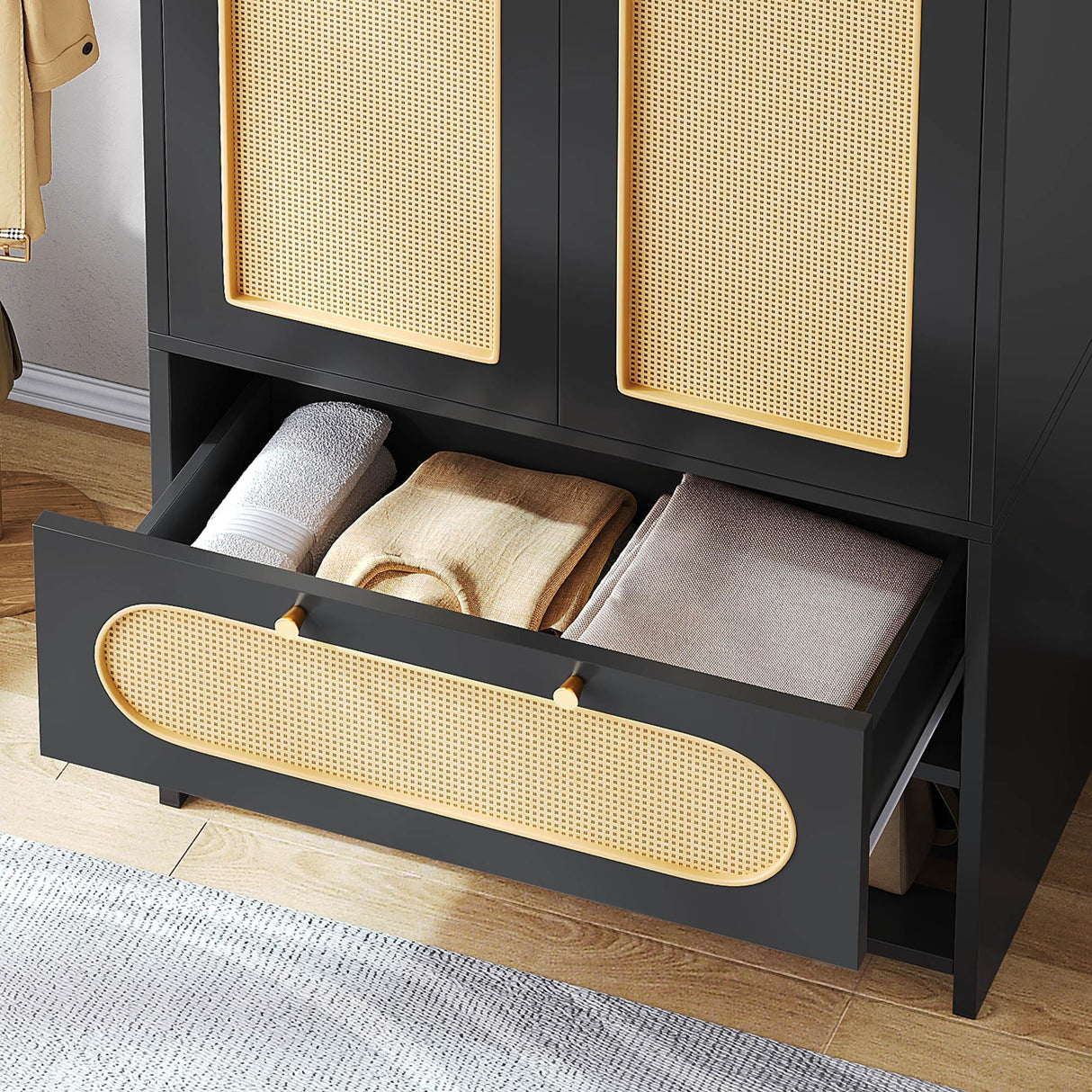 DWVO Rattan Armoire Wardrobe Closet - 70" Tall Rattan Armoire Closet with Doors, Large Storage Cabinet with Drawers & Hanging Rod/Bedroom Armoire - Black DWVO