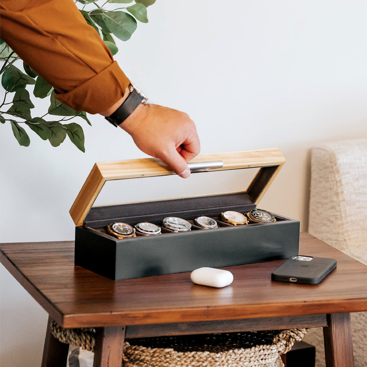 CASE ELEGANCE Two-Toned Pine and Black Base with Modern Aluminum Handle 6-Slot Watch Box with Real Glass CASE ELEGANCE
