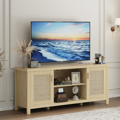 TV Stand for 65 inch TV, Modern Mid Century Entertainment Center with Storage, Media Consol with Natural wood rattan Door Cabinets and Open Shelves, Wooden, for Living Room, Bedroom, MLTV21YR