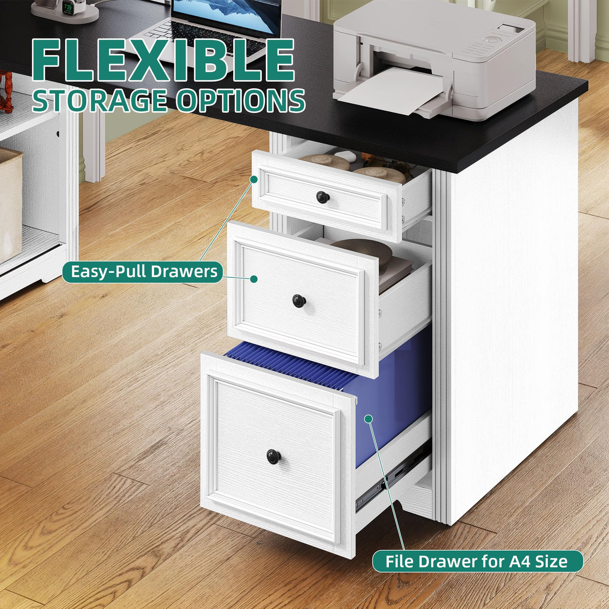 YITAHOME L Shaped Executive Desk with Hutch and Drawers, Farmhouse Home Office Desk with Power Outlet, Wood Corner Computer Desk with Sliding Door, Storage Cabinet with Glass Door, White & Black YITAHOME