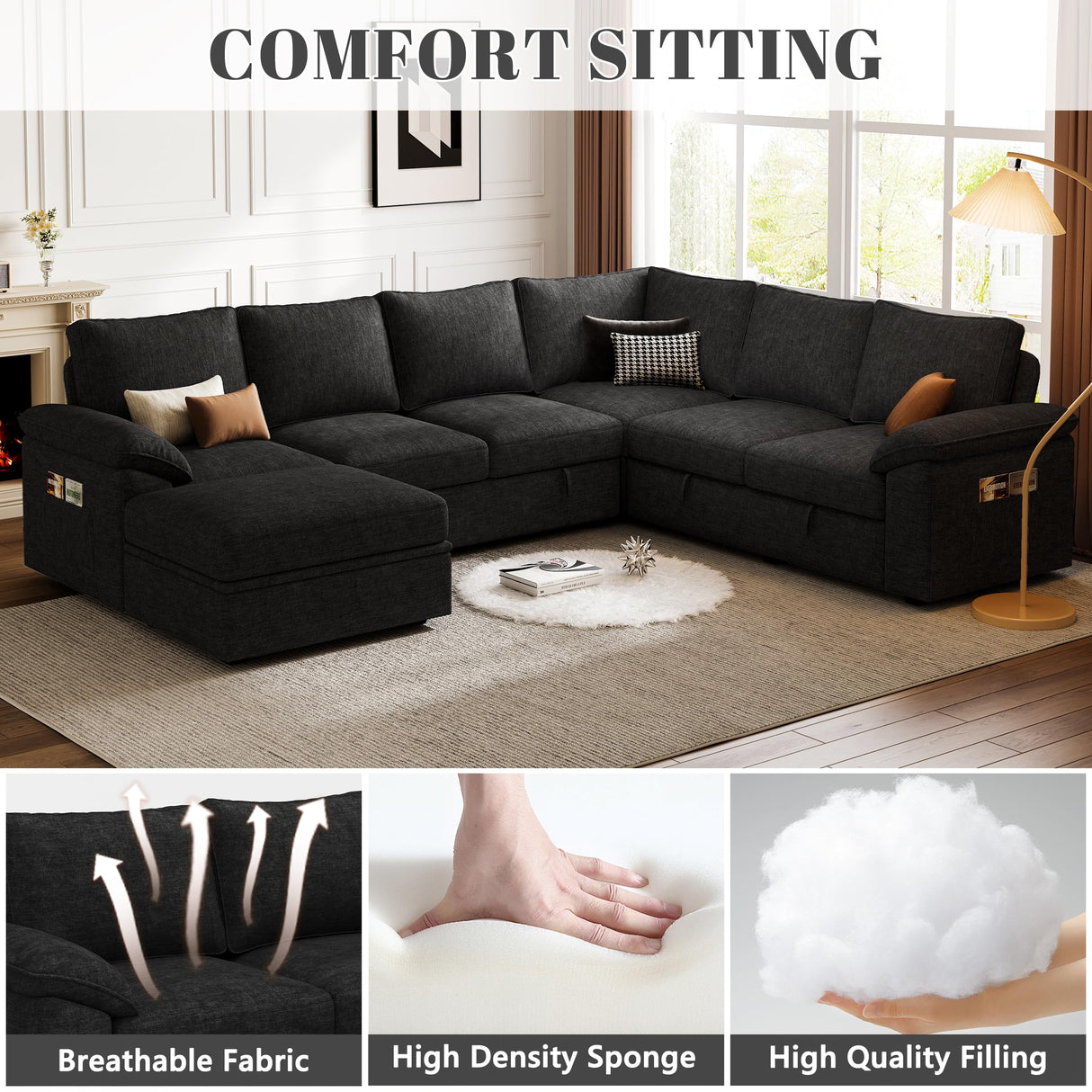 SUAWY 108 Inch Modular Sectional Sofa with Pull Out Bed, U Shaped 7 Seat Sectional Sleeper Sofa with Storage, Sectional Couches for Living Room,Cloud Modular Couch, Removable Sofa Cover, Black SUAWY
