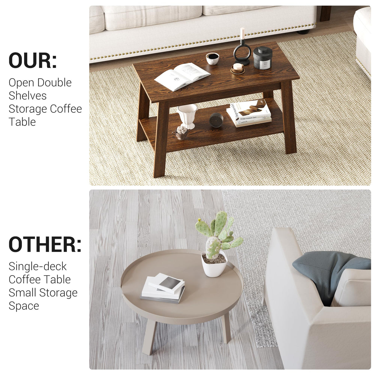 GarveeHome 2-Tie Coffee Table, Rustic Wood Living Room Tables with Open Rectangular Storage Compartment, Coffee Tables for Living Room, Outdoors, Home Office, Bedroom, Walnut GarveeHome