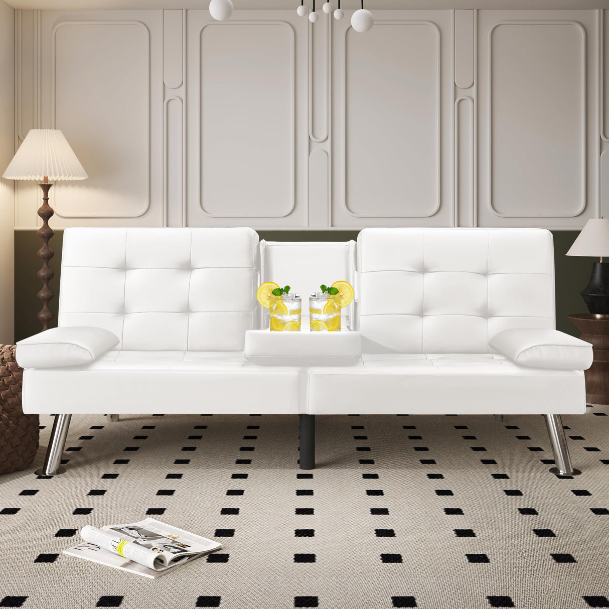 VICTONE Futon Sofa Bed Modern Faux Leather Couch Bed Convertible Folding Recliner for Living Room with 2 Cup Holders and Armrest (White) VICTONE