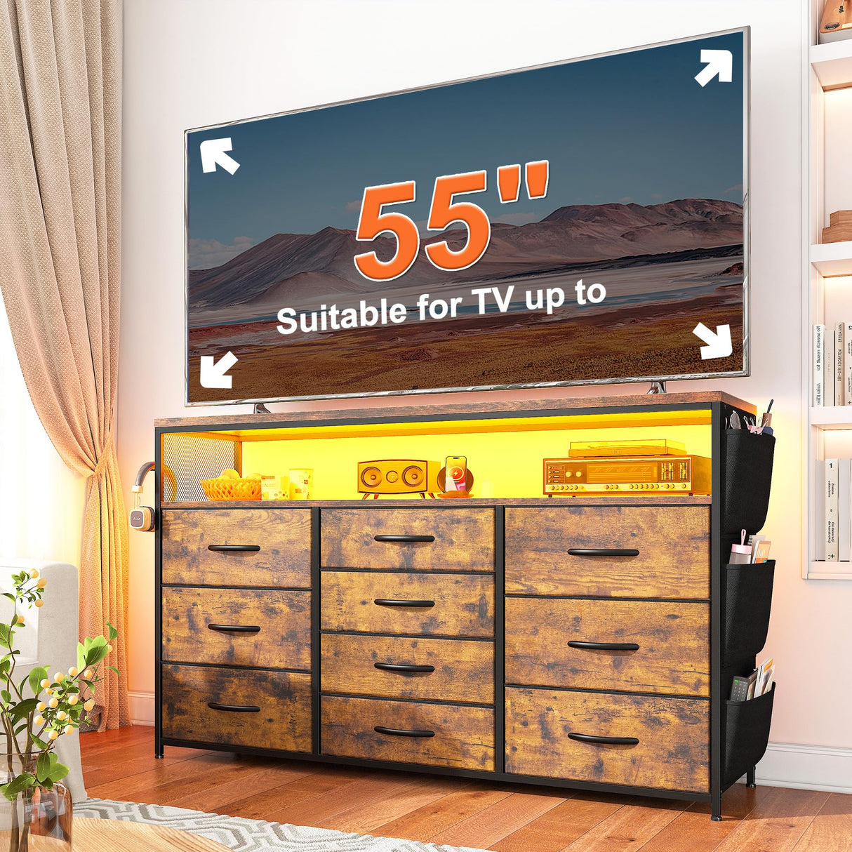 EnHomee Dresser TV Stand with 10 Drawers for 55" TV Stand for Bedroom with LED Lights & Power Outlets Wide Dresser for Bedroom with Shelves & Side Pockets Sturdy Metal Frame & Wood Top, Rustic Brown EnHomee