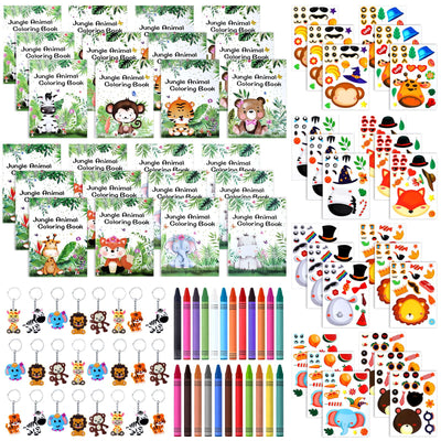 Tenceur 96 Pcs Jungle Safari Party Favors Set for Kids Baby Supplies Include Animals Coloring Books, Crayons, Zoo Safari Sticker, Jungle Keychain for Baby Shower Filler Classroom Decorations