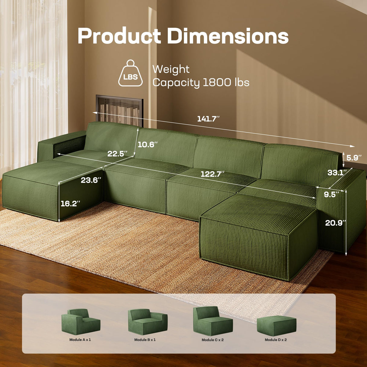 Marsail Modular Sectional Sofa, 142" U-Shaped Modular Sectional Couch with Deep Seat, Freely Combinable Sectional Clound Sofa for Living Room, No Assembly, Plush Corduroy Fabric, Green Marsail