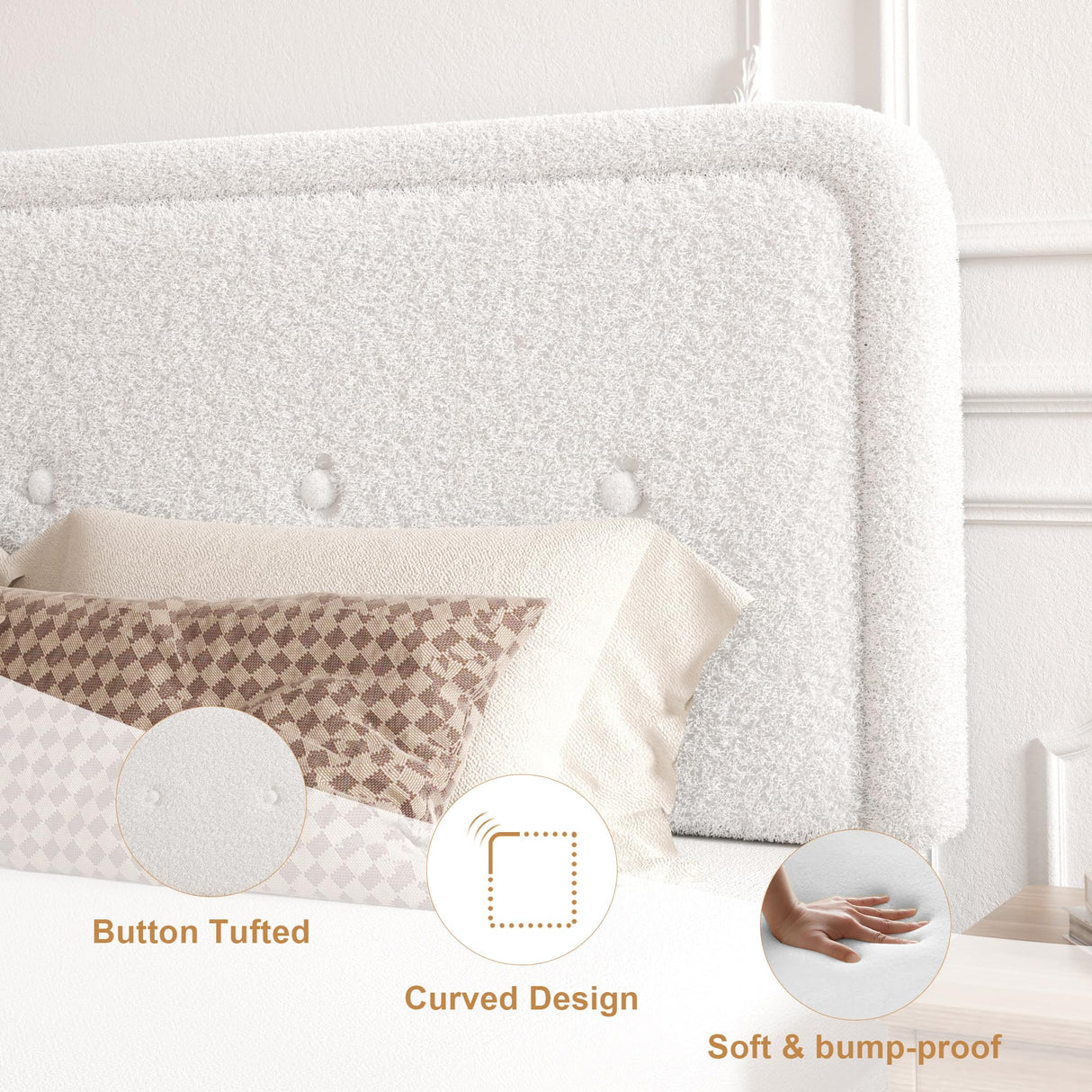 viplov King Size Boucle Bed Frame, Upholstered Platform Bed Frame with Adjustable Headboard, Anti-Collision Soft Rounded Corners, No Box Spring Needed, Easy Assembly, Noise Free, White viplov