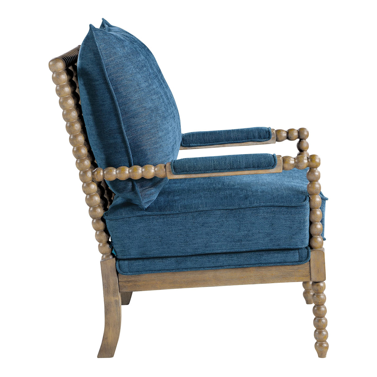 OSP Home Furnishings Fletcher Spindle Accent Chair with Rustic Brown Finish, Navy Blue Upholstery OSP Home Furnishings