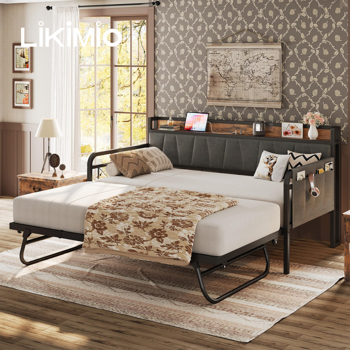 LIKIMIO Daybed with Trundle Bed, Twin Bed Frame with Storage Headboard and Charging Station, Sofa Day Bed with Strong Supports for Living Room, Bedroom, and Guest Room, Grey LIKIMIO