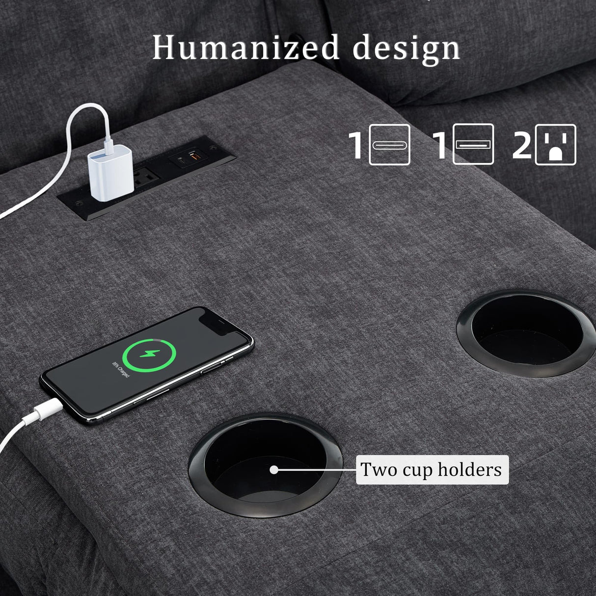 Korser Recliner Sofa, Reclining Loveseat with Console, Oversized Reclining Couch with Drop Down Table, 3-Seater Sofa with Cup Holder and Recessed Power Strip, Grey Korser