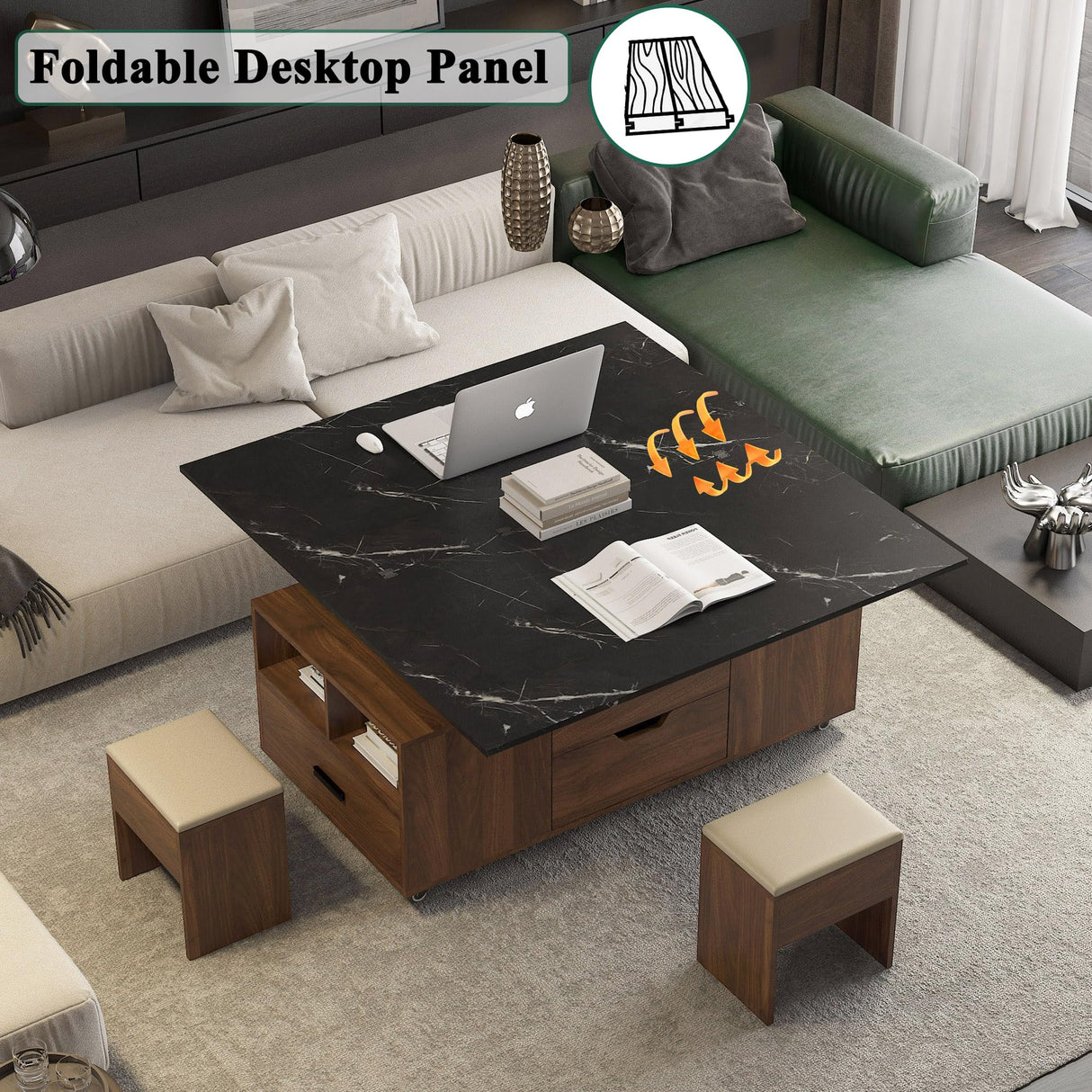 TRJQBCC 45" Lift Top Coffee Table, Modern Coffee Table with 2 Stools Set, Space Saving Center Table Folding Dining Table with 2 Drawers & Expandable Hidden Storage for Living Room, Office (Wood) TRJQBCC
