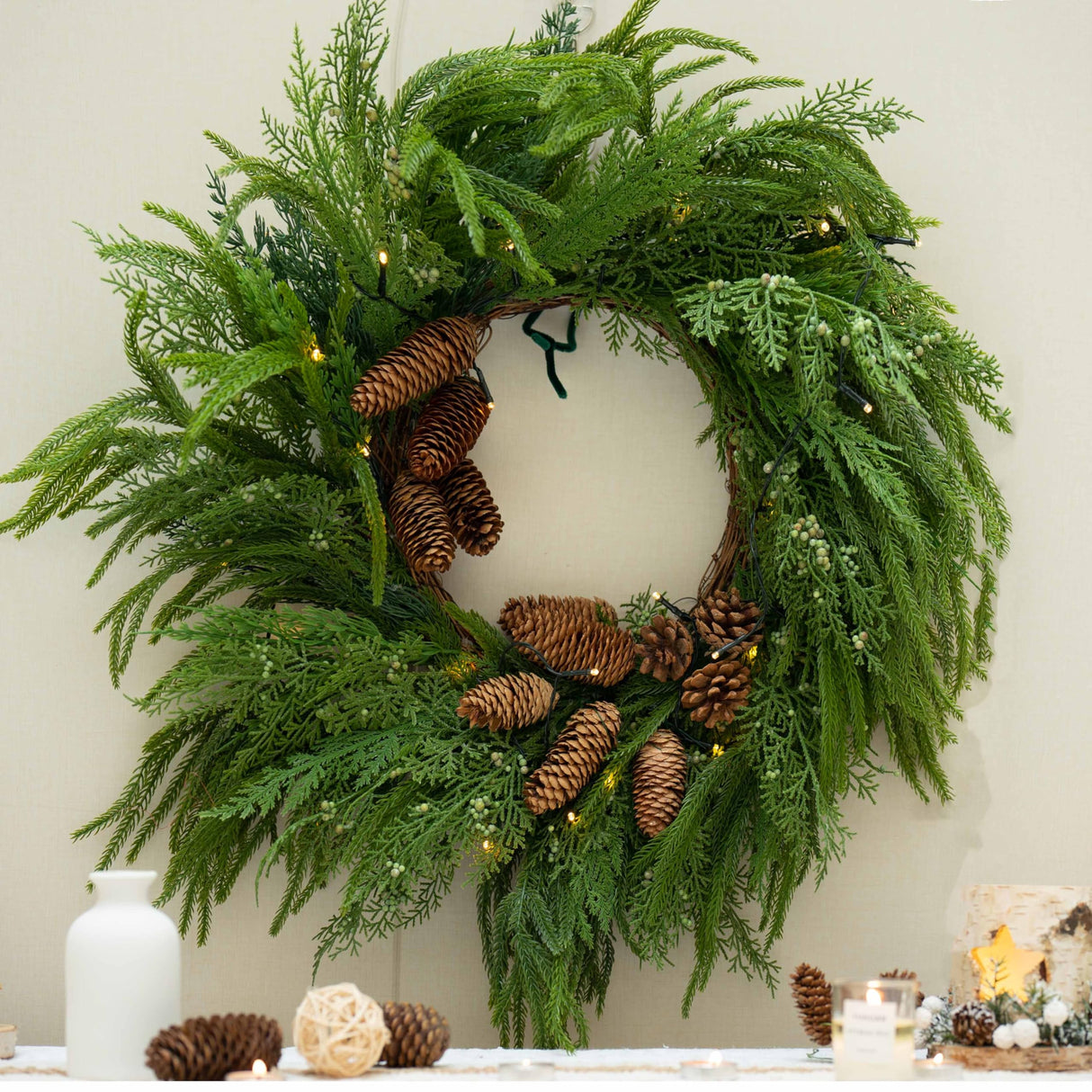 24 Inch Real Touch Norfolk Pine Wreaths for Front Door, Soomeir Artificial Christmas Wreath Green Faux Pine Wreath for Wall Windows Mantle Outdoor Christmas Decoration Soomeir