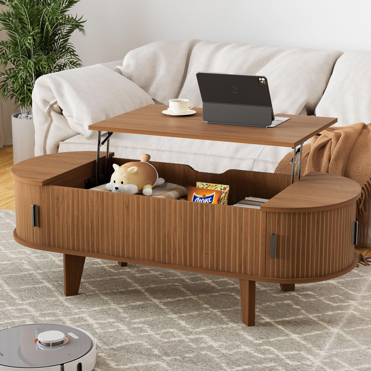 Pulsyeen Oval Coffee Table with Storage, 47.2" Fluted Lift Top Coffee Table with 180° Sliding Tambour Door, Mid Century Modern Center Table for Living Room, Office, Cafe, Walnut Pulsyeen