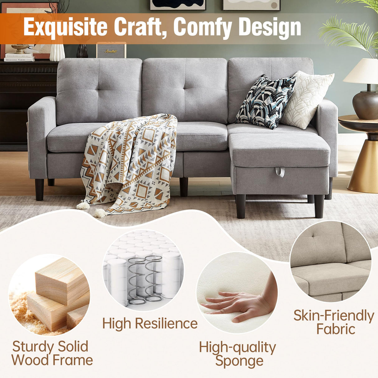 Pingliang Home Sectional Sofa Couches for Living Room, Modular 3 Seats Sectional Sofas L Shaped Couch with Storage and Reversible Chaise, Linen Fabric, 79" (Light Grey) Pingliang Home