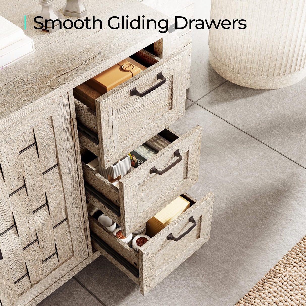 LINSY HOME Farmhouse Sideboard Buffet Cabinets, 43" W Coffee Bar Storage Cabinets with 3 Drawers and 2 Doors, Rustic Accent Cabinet for Dining Room, Kitchen, Home Bar and Living Room, Light Gray LINSY HOME