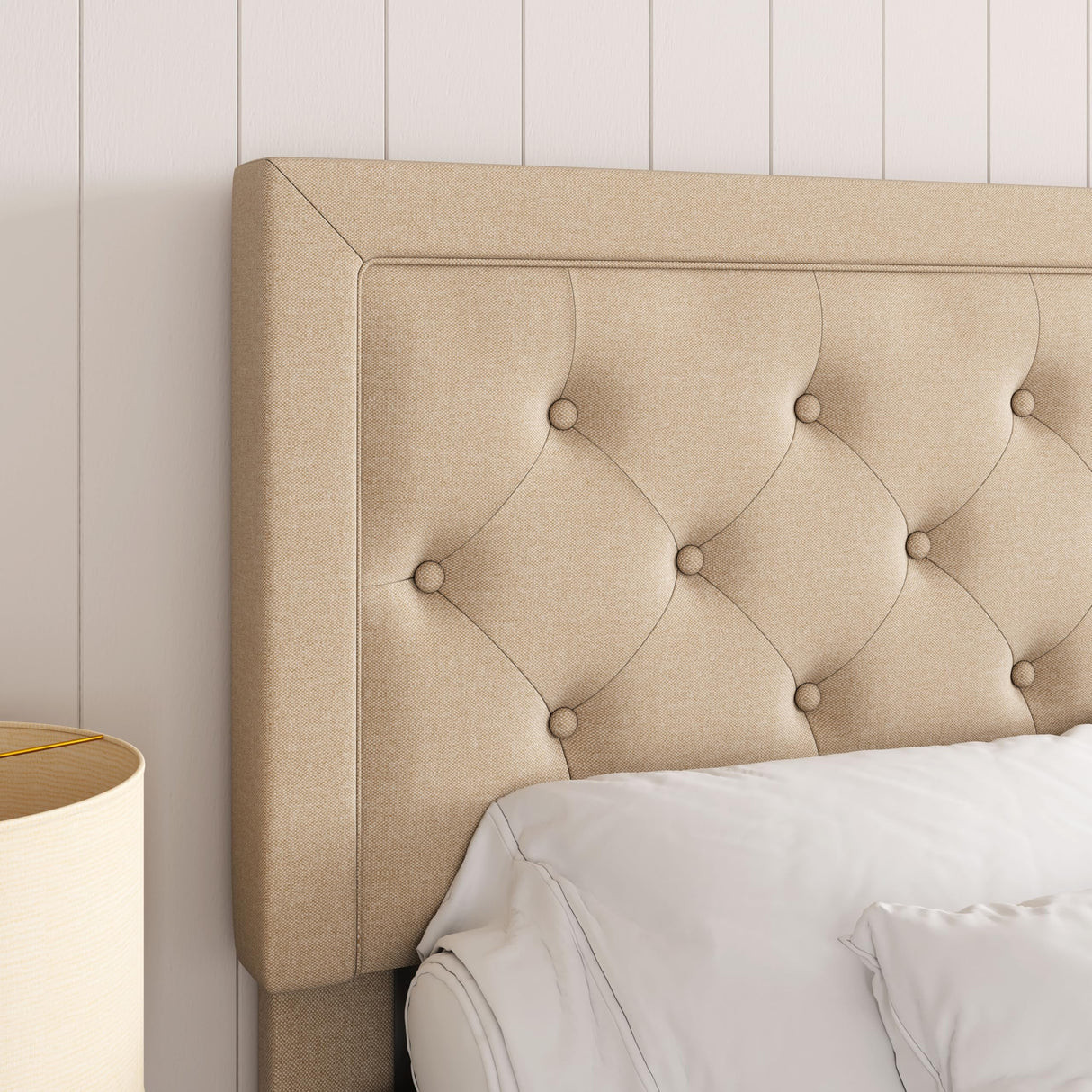 Allewie King Size Fabric Upholstered Bed Frame with Diamond Button Tufted/Adjustable Headboard/Wood Slat Support/Mattress Foundation/Beige Allewie