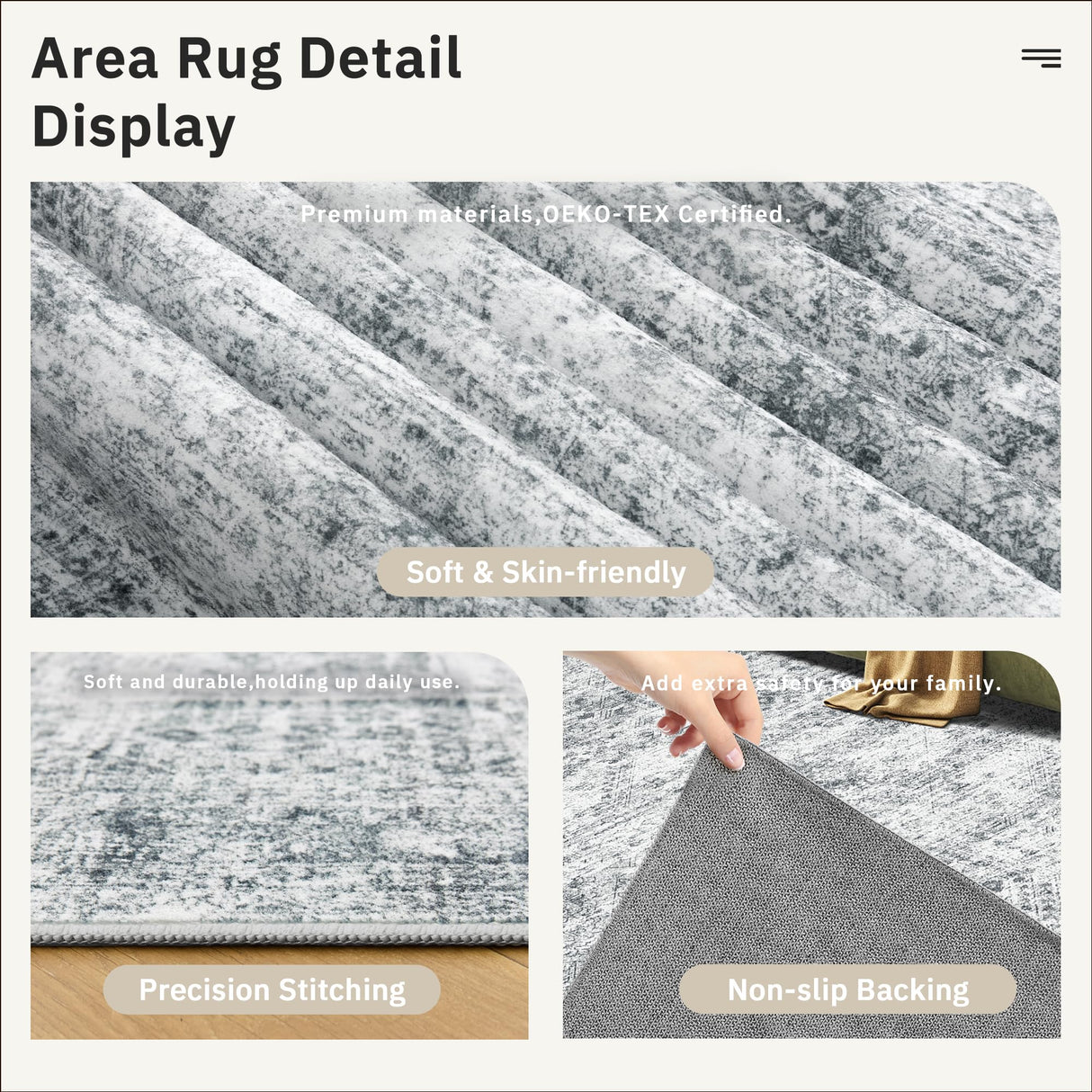 Soalmost Washable Area Rug 8x10, Large Soft Rugs for Living Room Farmhouse Vintage Gray Area Rugs for Bedroom Dining Room Non-Slip Stain Resistant Under Table Rug Grey Soalmost