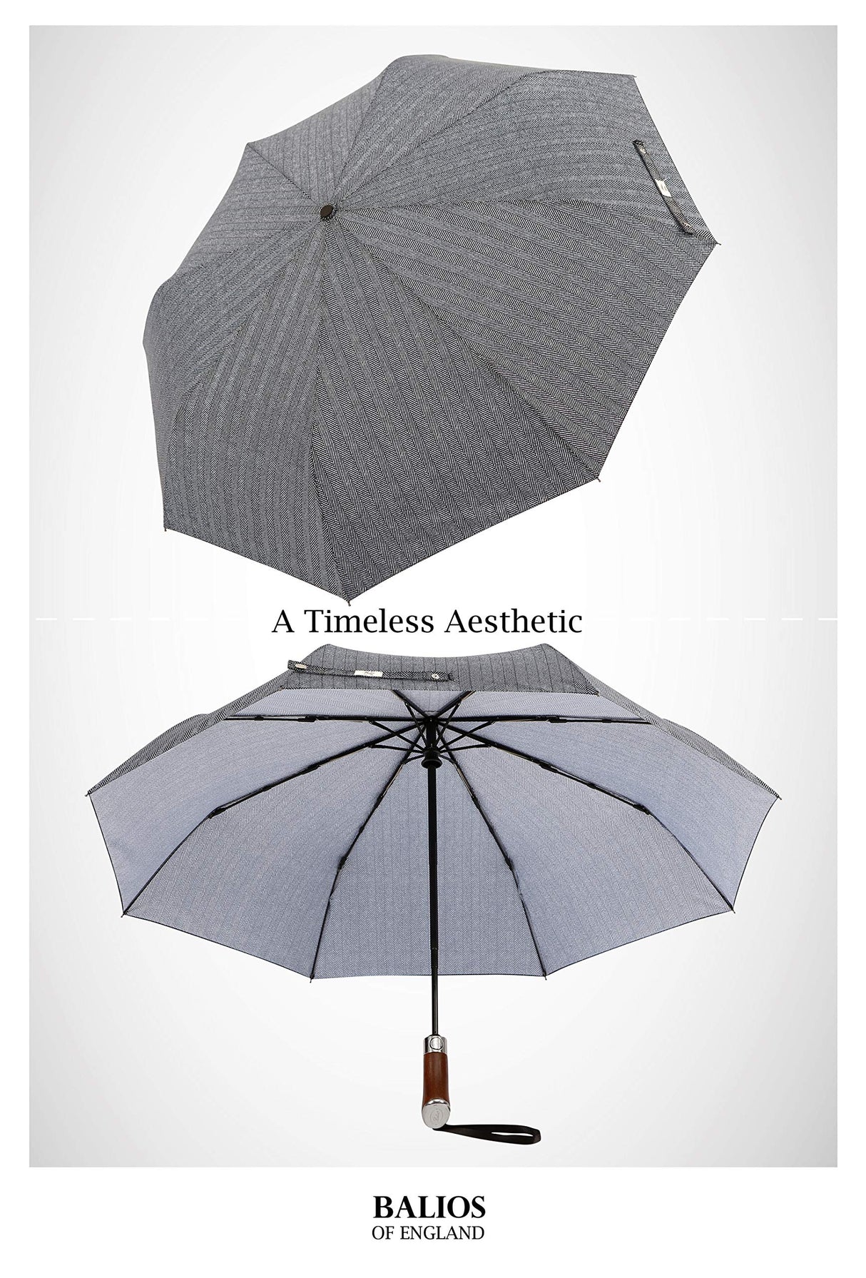 Balios (Designed in UK) Travel Umbrella Luxurious Golden Hardwood Handle Auto Open & Close Windproof Frame Single Canopy Automatic Folding Umbrella Men's & Ladies (Herringbone) Balios