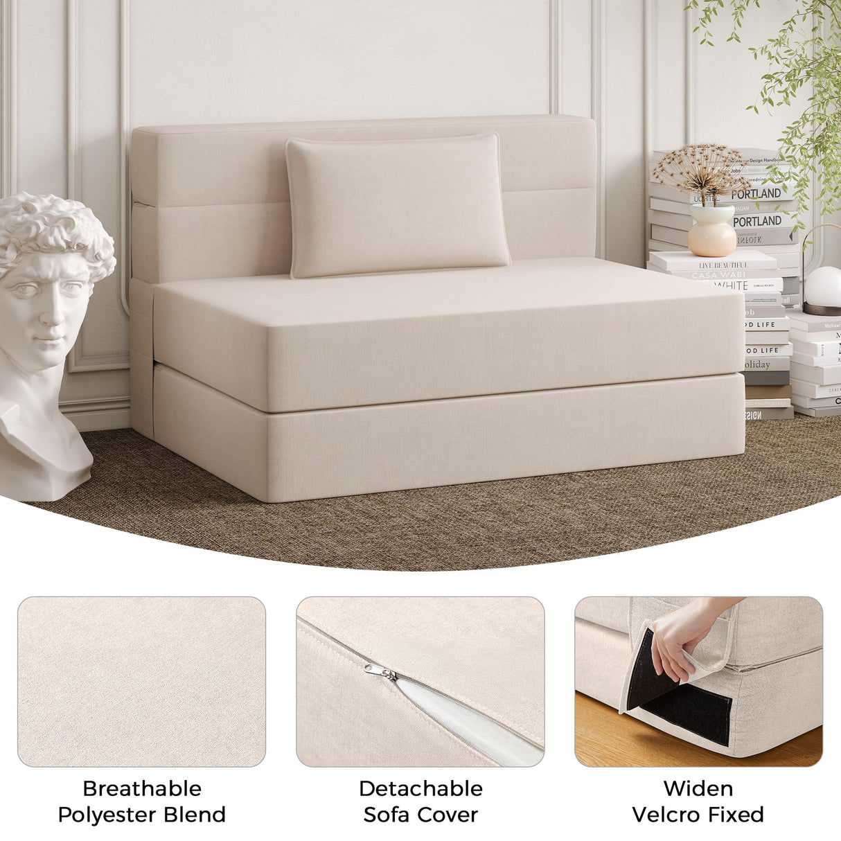 Luoxiao Folding Sofa Bed Twin with Pillow, Portable Foldable Sofa Bed for Travel, Camping, Guest, Trifold Mattress with Breathable & Washable Cover, Convertible and Easy to Storage, Off White Luoxiao