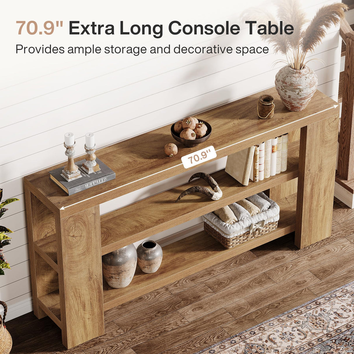 Tribesigns 70.9-Inch Extra Long Console Table with Storage, Narrow Wooden Sofa Table Behind The Couch, Farmhouse 3-Tier Entry Foyer Table for Entryway, Living Room, Hallway Tribesigns