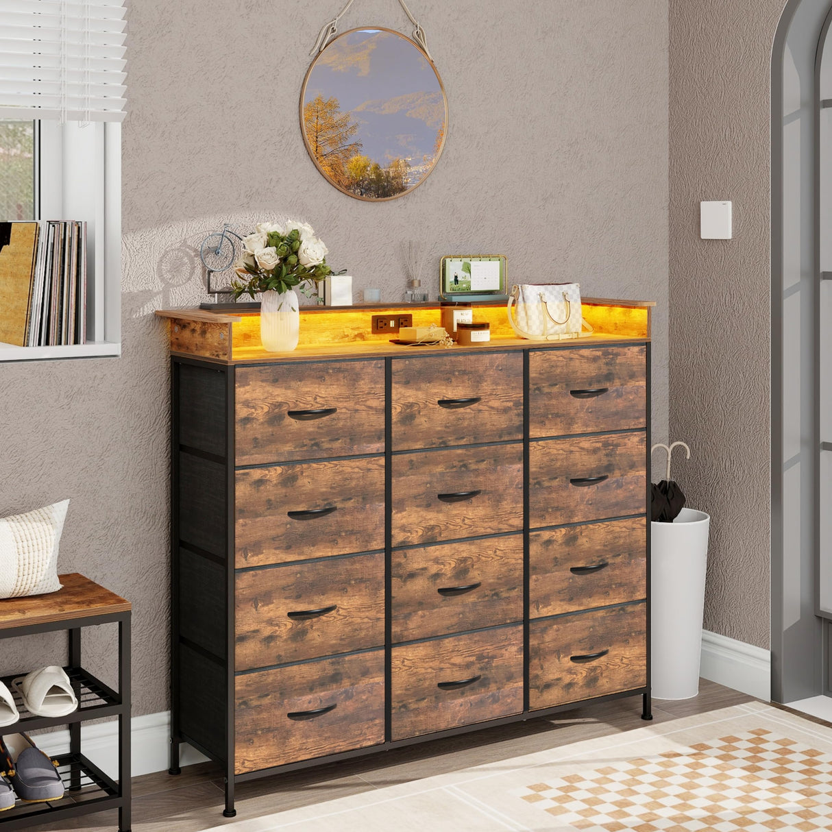 Welfuturer Dresser for Bedroom with 12 Drawers Clothes Dresser with Charging Station and LED Light Fabric Storage Tower for Living Room Hallway Closet Sturdy Steel Frame Wooden Top Rustic Brown Welfuturer