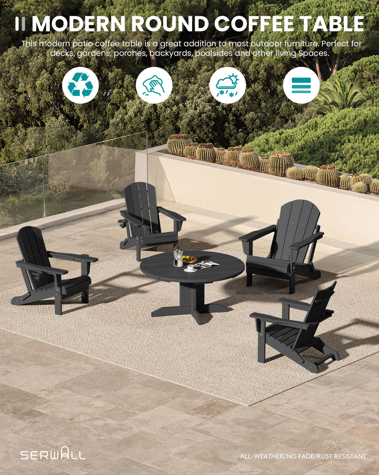 SERWALL Outdoor Coffee Table, HDPE Patio Round Coffee Table for Balcony, Garden, Backyard (Black) SERWALL