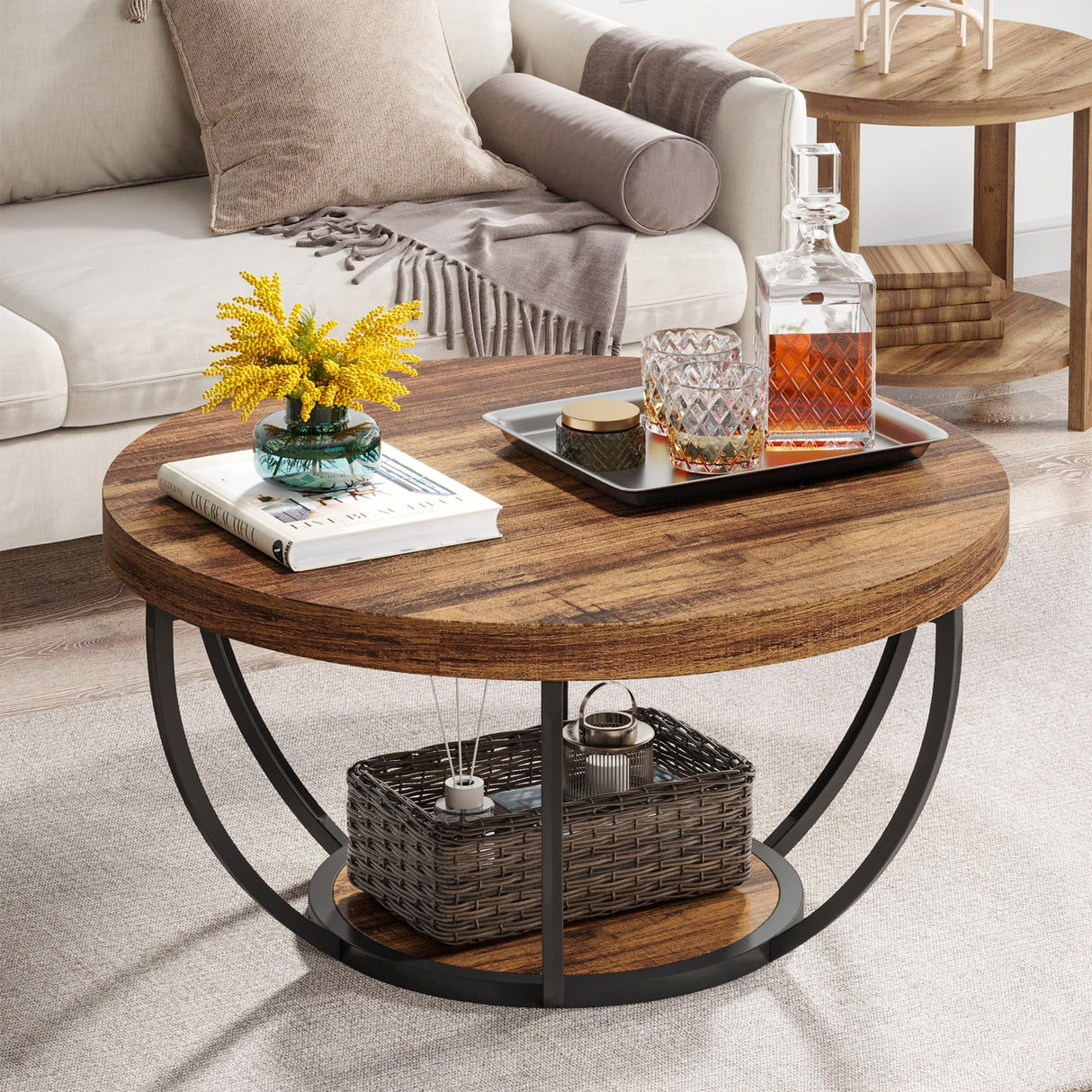 Tribesigns Round Coffee Table, Industrial 2-Tier Circle Coffee Table with Storage Shelves, Modern 31.7" Wooden Accent Center Table for Living Room, Home Office, Rustic Brown Tribesigns