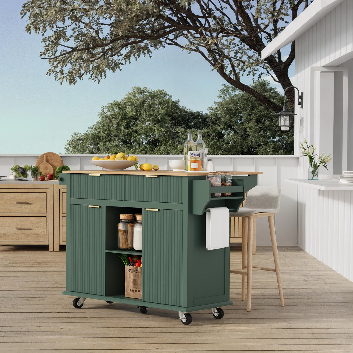 win2win Rolling Kitchen Island with Storage, Portable Kitchen Island with Drop Leaf Breakfast Bar, Modern Farmhouse Kitchens Cart on Wheels with Fluted Design, Towel Rack, Spice Rack, Green win2win