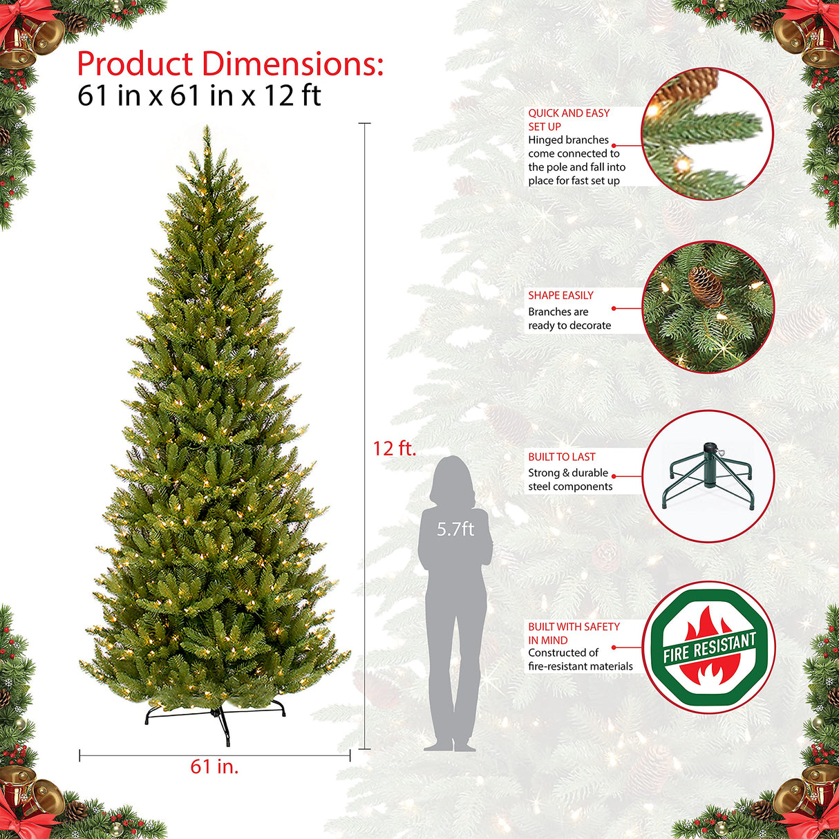 Puleo International 12 Foot Pre-Lit Slim Fraser Fir Artificial Christmas Tree with 1,200 UL Listed Clear Lights, Green Puleo International
