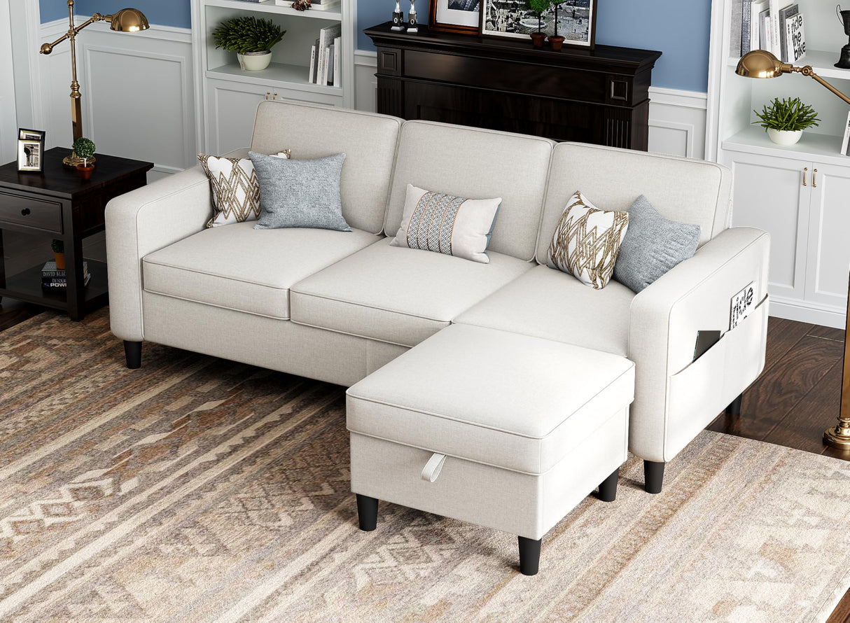 Sectional Sofas Couches for Living Room Convertible 3-Seater 78" L Shaped Couch for Small Spaces, Beige Pet-Friendly Modern Linen Fabric Sofa & Washable Covers Ideal for Apartments Studios Dorms Woyomeub