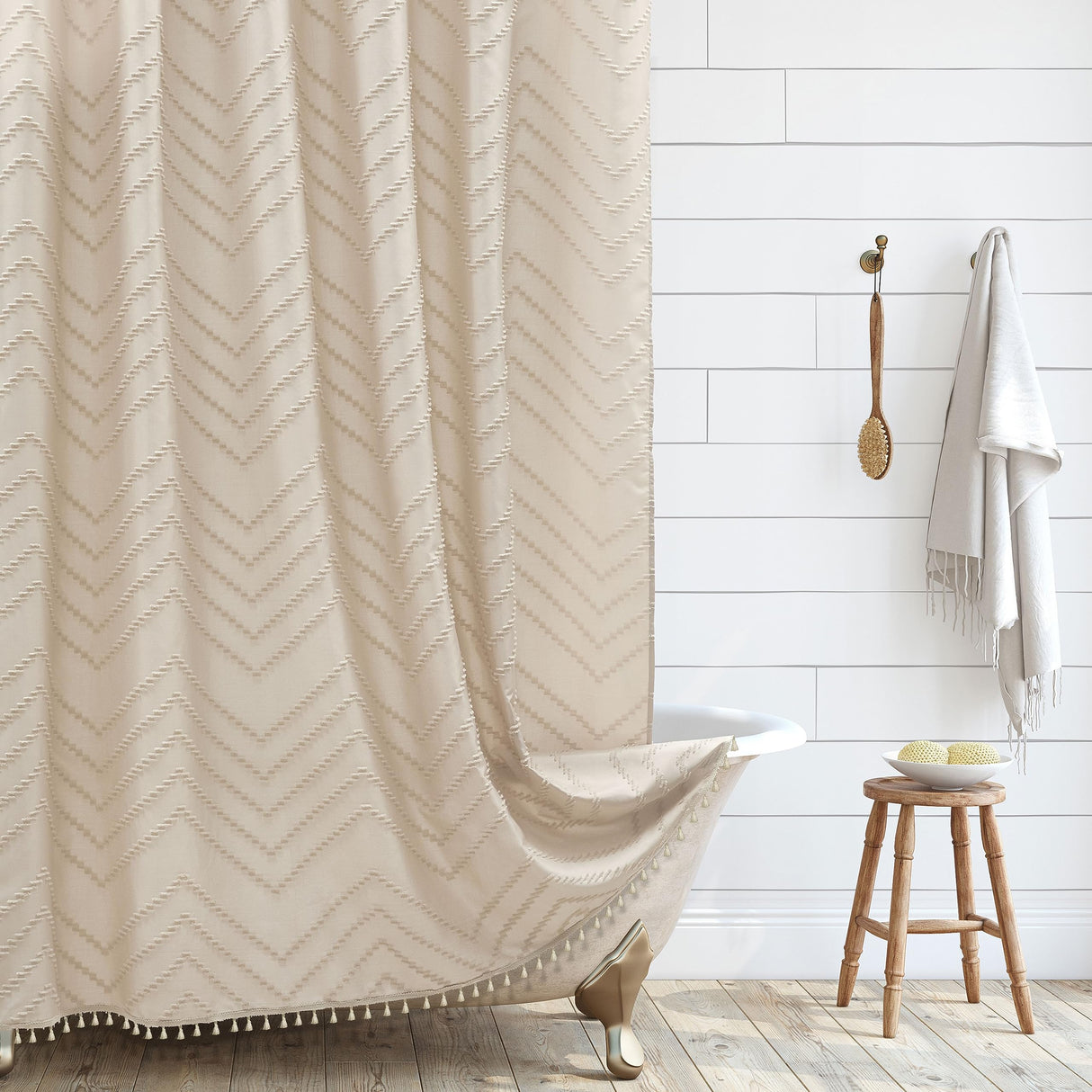 Siiluminisoy Boho Farmhouse Shower Curtain Woven Fabric Cute Beige Shower Curtain, 72 x 72 Tufted Chevron Textured Striped Modern Farmhouse Minimalist Shower Curtain for Bathroom Siiluminisoy