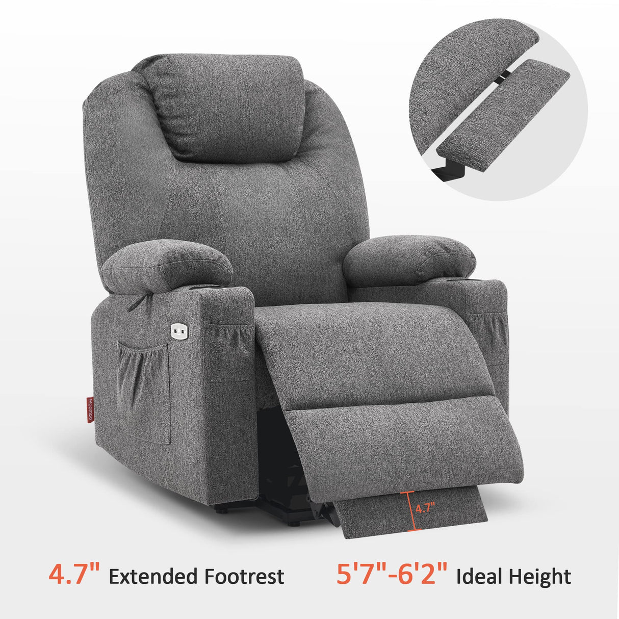 MCombo Large Power Lift Recliner Chair Sofa with Massage and Heat for Big and Tall Elderly People, 3 Positions, Cup Holders, and USB Ports, Extended Footrest, Fabric 7516 (Large,Dark Grey) MCombo