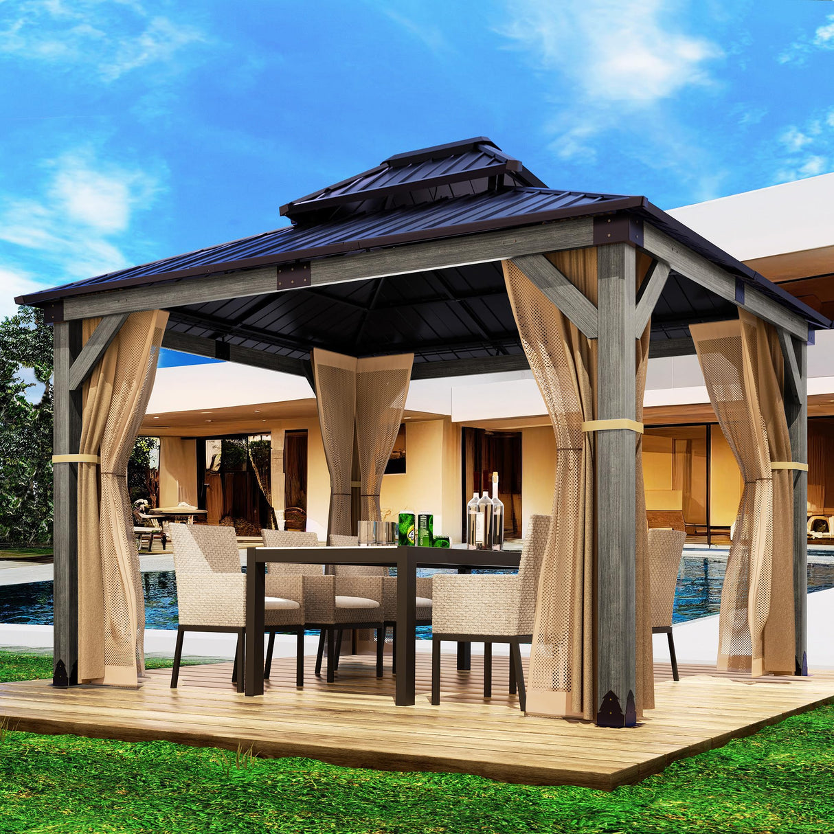 HOMPUS 10x12 FT Hardtop Wood Gazebo, Cedar Wood Frame Gazebo with Double Metal Roof, Outdoor Gazebo with Netting & Curtains, Wooden Gazebos Pavilion for Backyard, Garden, Deck, Gray HOMPUS