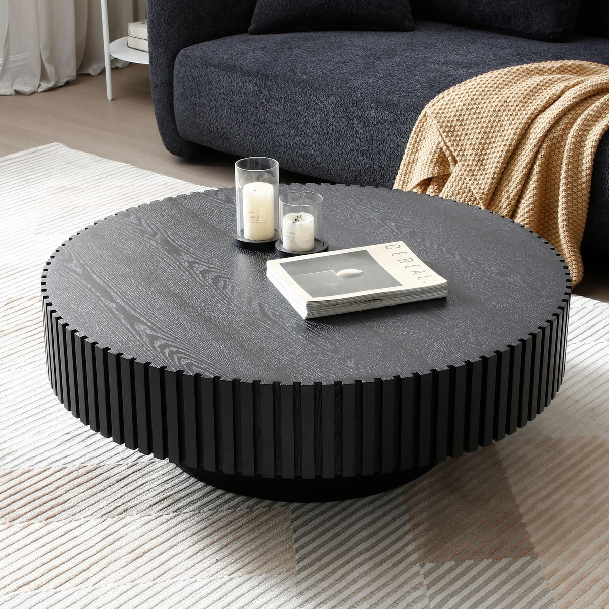 31.49" Round Wood Coffee Table, Modern Unique Circle Coffee Table, Contemporary Oak Drum Fluted Coffee Table Accent Side Table Center Table for Living Room, Small Space, Apartment, Black SLEERWAY