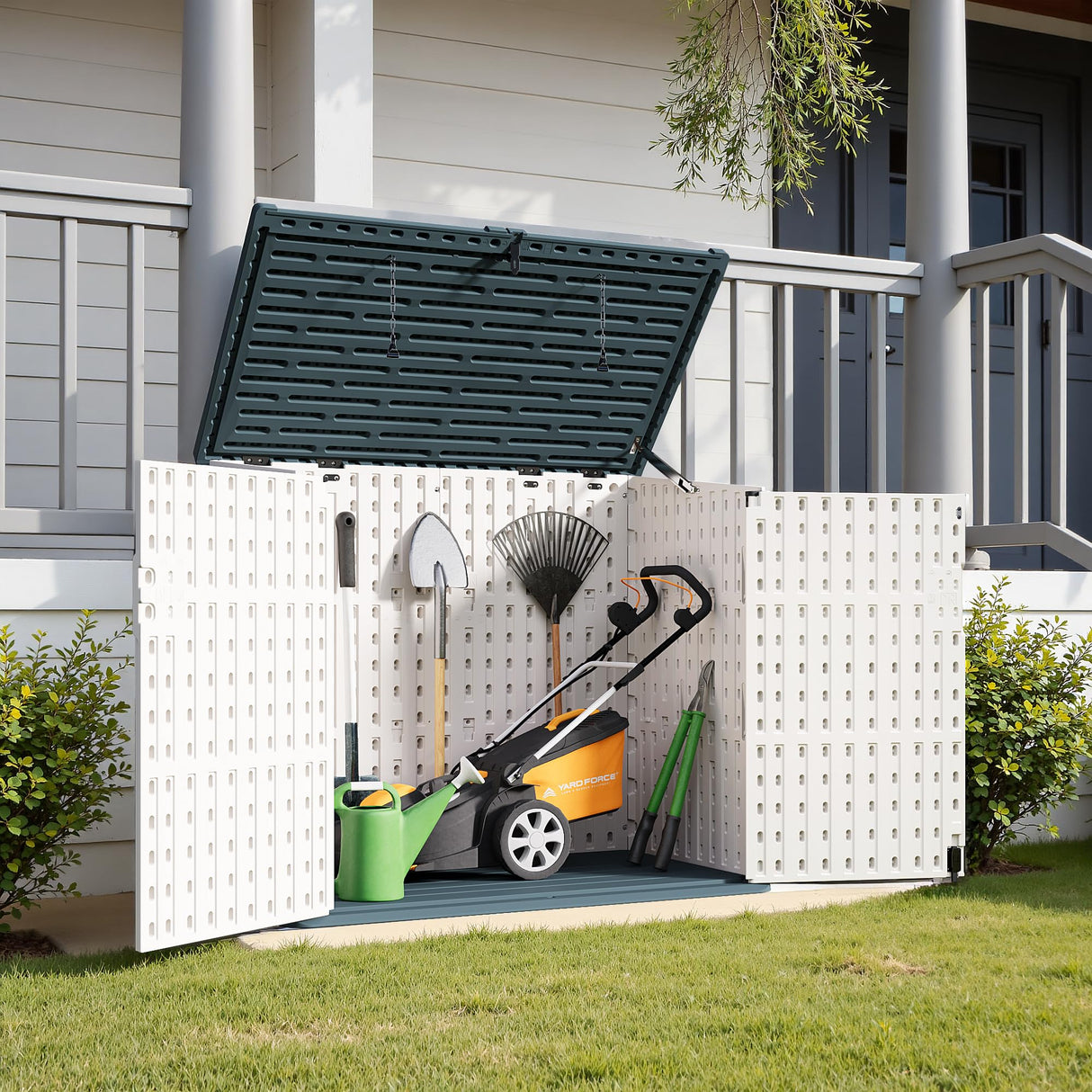 Greesum Outdoor Resin Storage Shed, 34 Cu.ft Horizontal Outdoor Storage Box Waterproof for Garden, Pool Storage, Garbage Cans, Beige Greesum