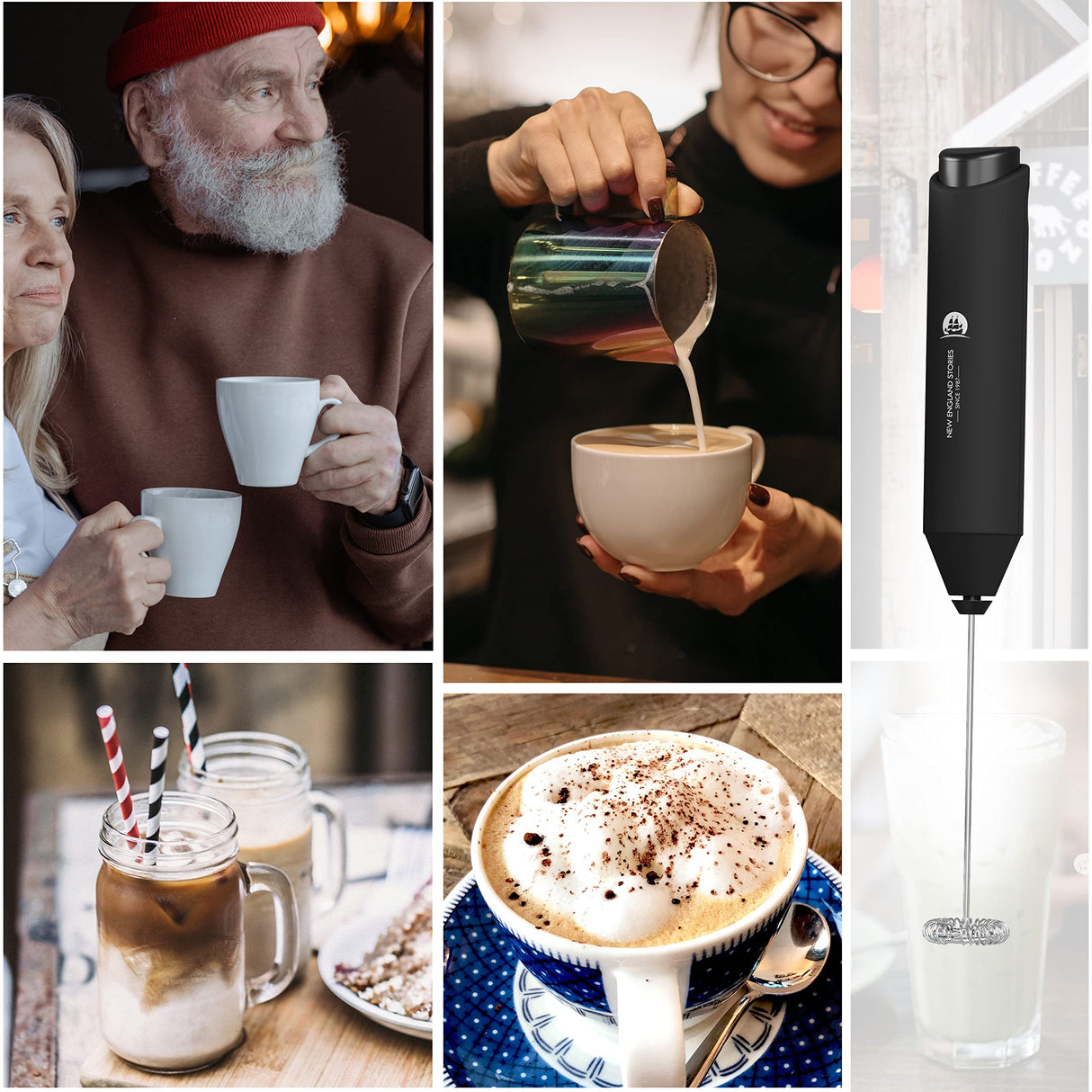 Powerful Milk Frother Wand - Mini Handheld Milk Frother with Stainless Steel Whisk - Battery-Powered Drink Mixer for Coffee, Lattes, Cappuccinos, Matcha - Coffee Enthusiasts Gift - Black New England Stories