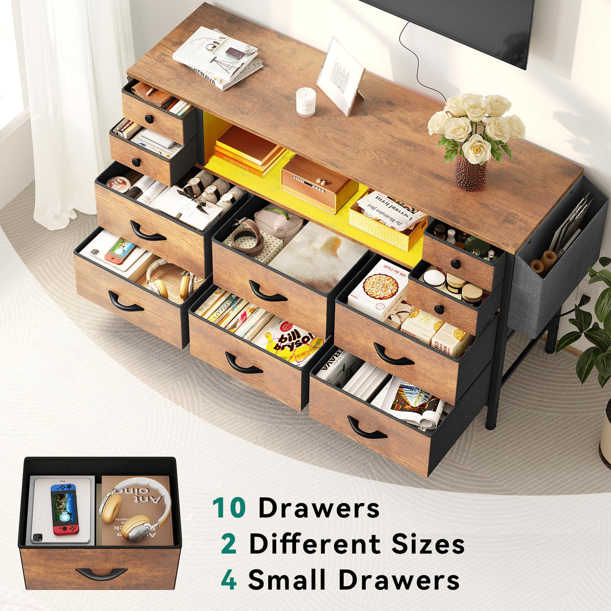 YITAHOME TV Stand with Charging Station, Dresser TV Stand for 55'' TV, 10 Drawer Dresser for Bedroom, Media TV Console Table with Side Pockets & Hooks, Storage Fabric Drawer Unit for Bedroom, Wood YITAHOME