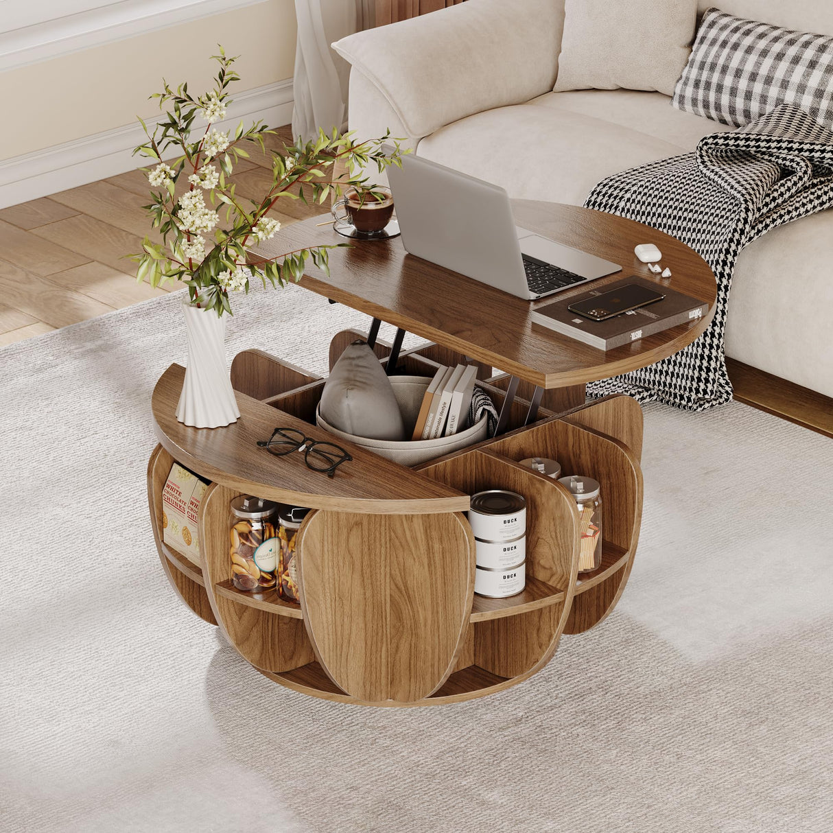 32.7" Lift Top Coffee Table with Storage, Wood Round Center Table with Hidden Storage Compartment & Shelves, Mid Century Modern Coffee Tables for Living Room Rustic Accent Small Center Table TOKSOM