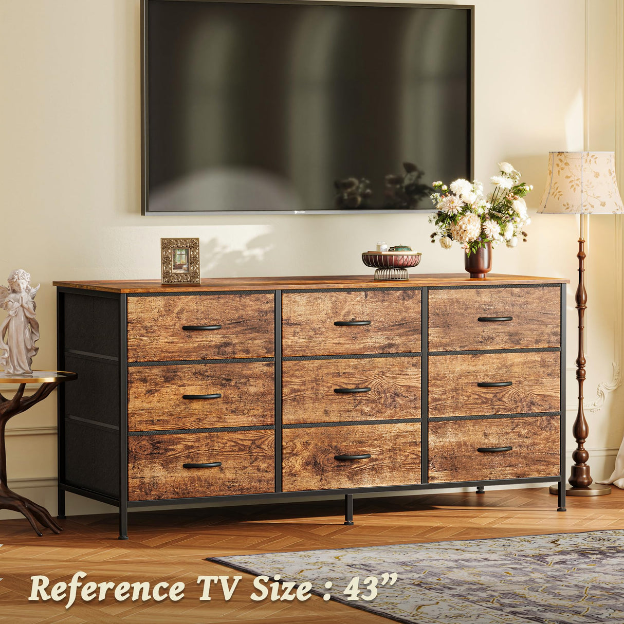 Huuger 9 Drawer Dresser, 47 Inch Dresser TV Stand for 50, 55 Inch TV, Entertainment Center with Drawers, Fabric Dresser Chest of Drawer for Bedroom, Closet, Rustic Brown Huuger