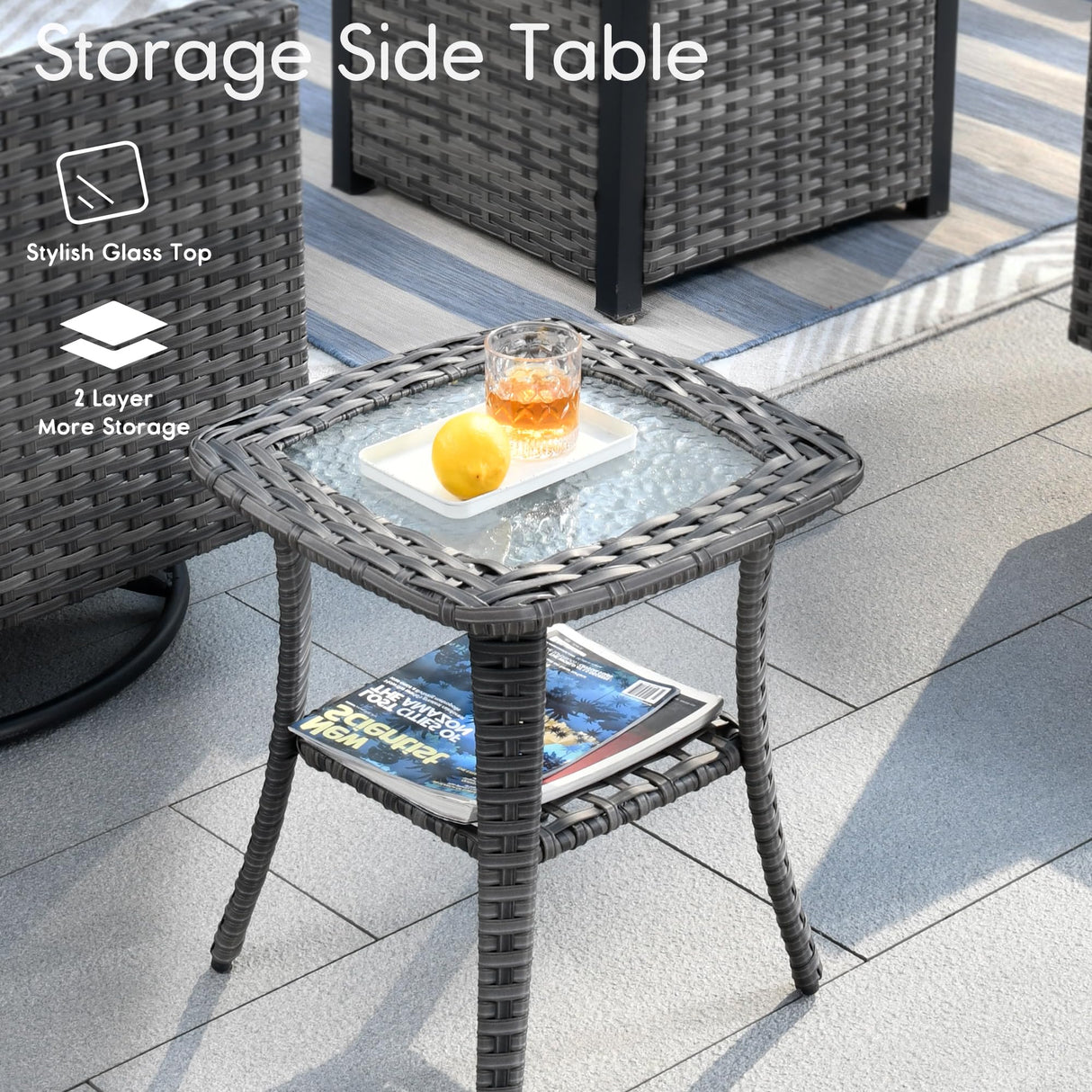 HOOOWOOO Patio Outdoor Conversation Set with Fire Pit Table,9 Piece Modern Outside Furniture with Swivel Rocking Chairs,PE Wicker Out Door Furniture Sofa and Ottoman Set(Denim Blue) HOOOWOOO