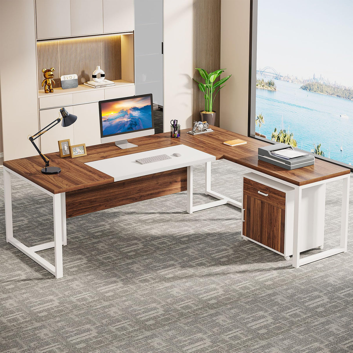 Tribesigns 70.8-Inch Executive Desk with Mobile File Cabinet, Large L Shaped Computer Desk with Storage Cabinet, L-Shaped Desk with Drawer Cabinet for Home Office, Walnut & White Tribesigns