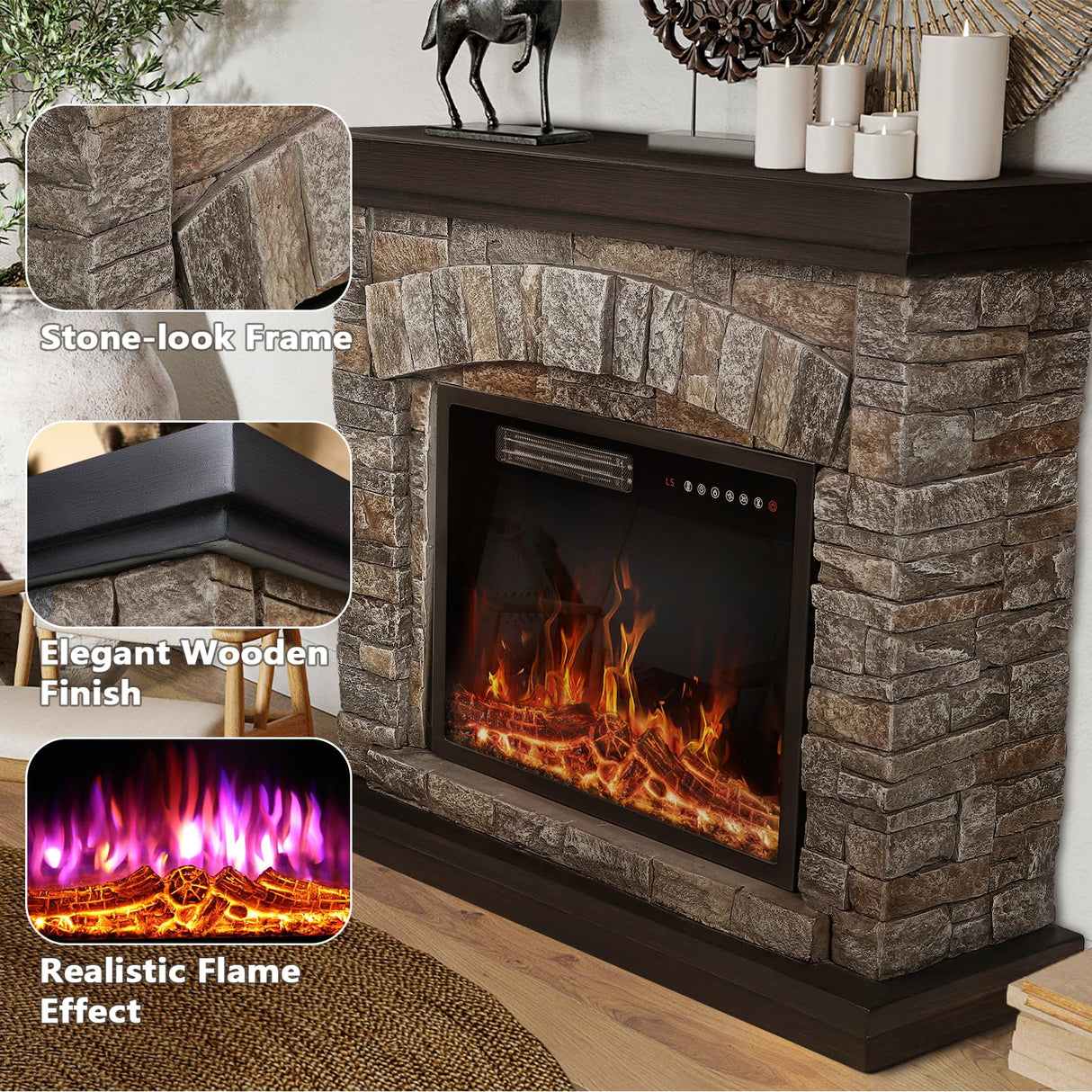 PUKAMI Electric Fireplace with Mantel, Freestanding Stone Fireplace Heater TV Stand with Remote Control, Realistic Flame Effect and 3D Log, 750W/1500W (40 inch) PUKAMI