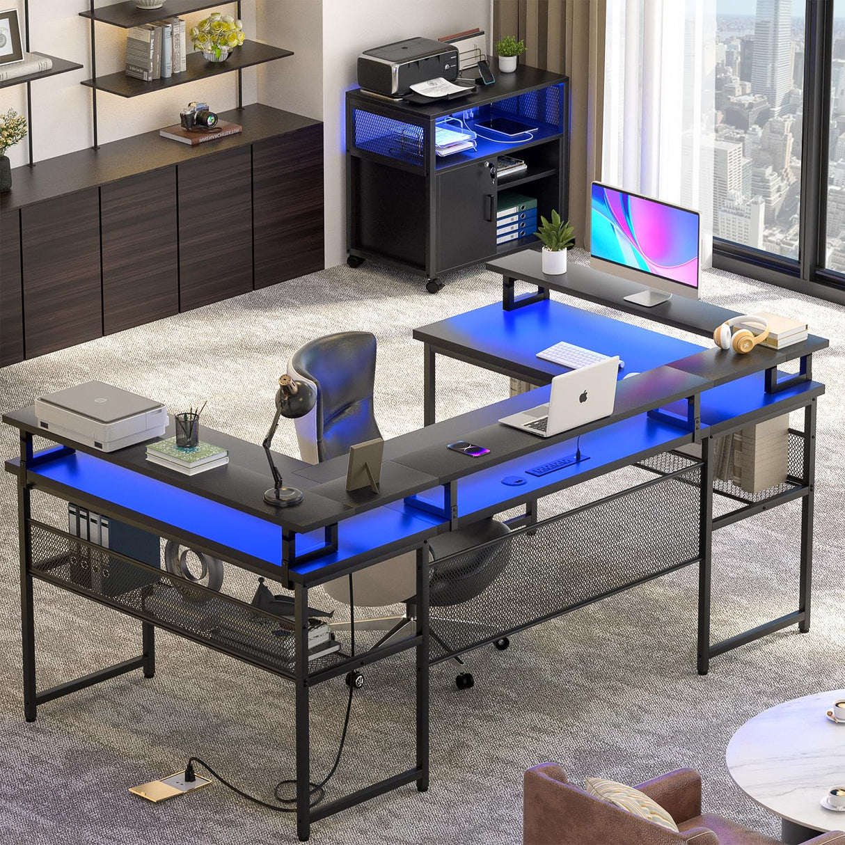 Unikito U Shaped Computer Desks, Reversible Office Desk with LED Strip and Power Outlets, L Shaped Table with Full Monitor Stand and Storage Shelves, 83 Inch Large U- Shape Gaming Desk, Black Unikito