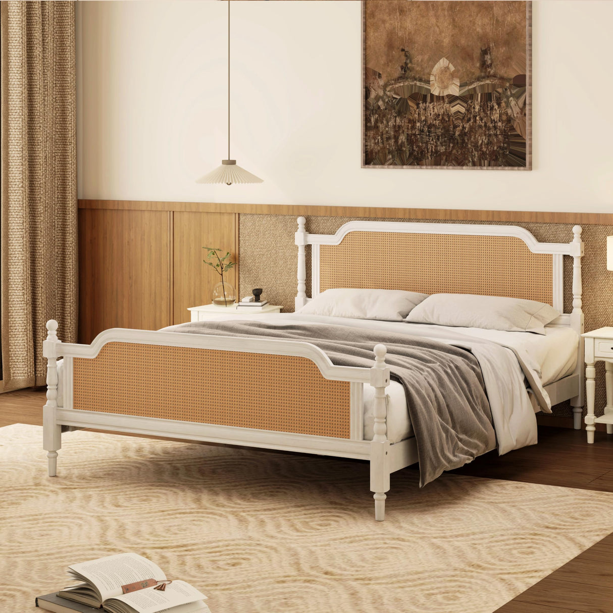 JOUUQZ Mid Century Style King Size Platform Bed with Rattan Headboard and Footboard,Solid Wood Foundation Bed Frame with Slat Wood Support,French Style,No Box Spring Needed (Antique White) JOUUQZ