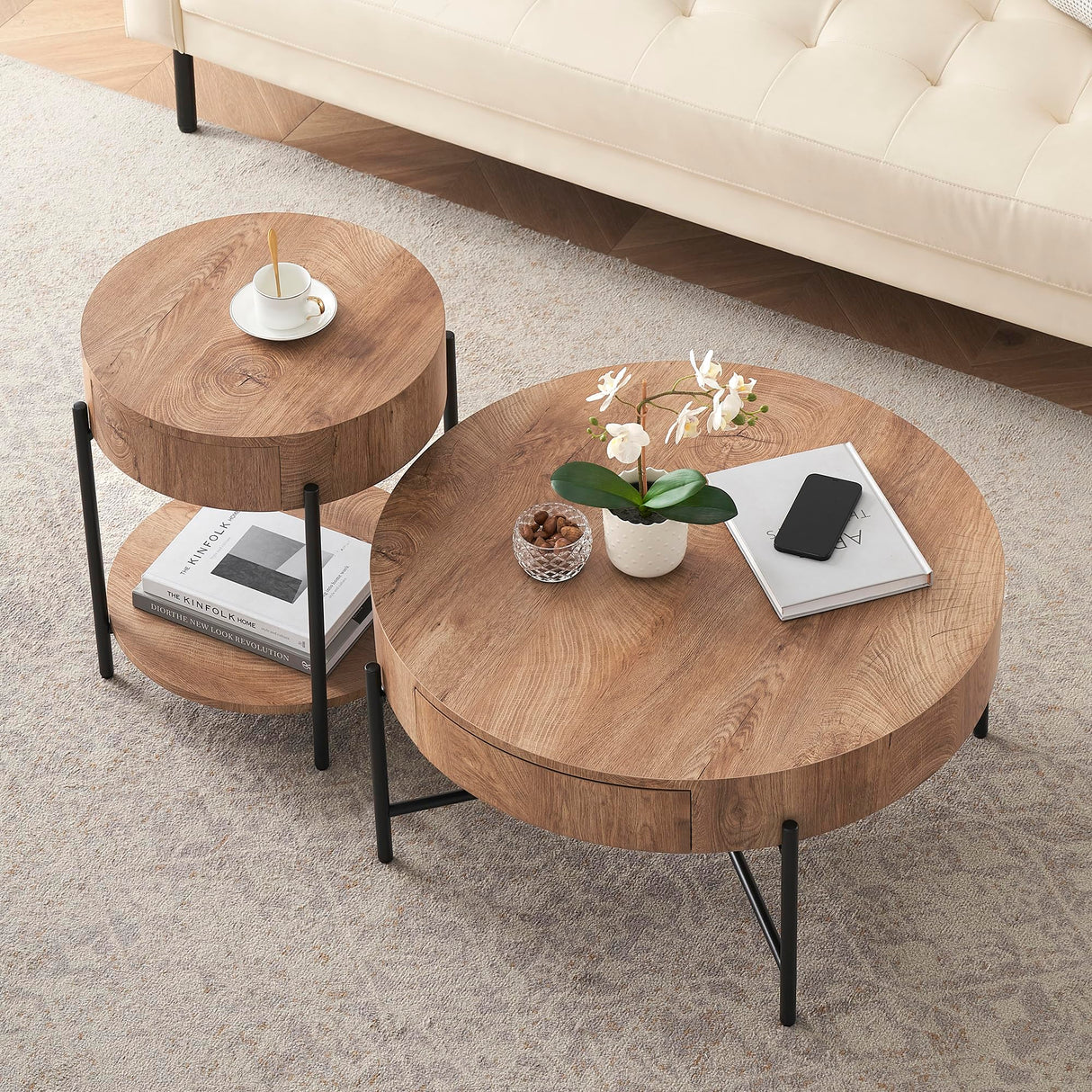 IDEALHOUSE Round Coffee Table Living Room Wood Center Table with Two Drawers Farmhouse Coffee Table Rustic Circle Cocktail Table Metal Legs, Easy Assembly, Natural IDEALHOUSE