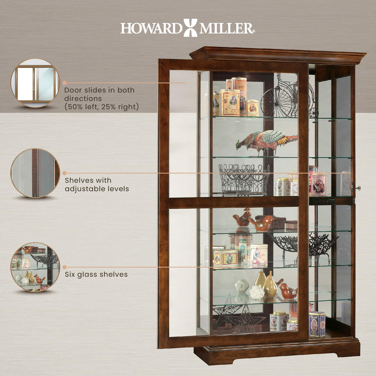 Howard Miller Tyler Curio Cabinet II - Hardwood Cabinet Wood Finish Home Decor Glass Display Cabinet Sliding & Lockable Glass Door - Storage Cabinet for Living Room, Bedroom or Dining Room Howard Miller